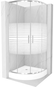 Mexen Rio, štvrťkruhový sprchovací kút s posuvnými dverami 70 x 70 cm, 6mm číre sklo/pásy, chrómový profil + biela vysoká sprchová vanička Rio, 863-070-070-01-20-4710