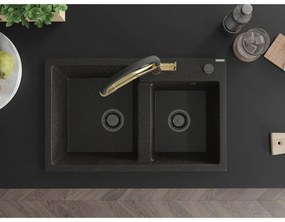 Mexen Tomas, 2-komorový granitový drez 800x500x190 mm  a kuchynská batéria Duo, čierna-zlatá metalíza, 6516-75-671701-57-B