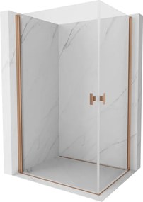 Mexen Mist-B Duo, 2-krídlový výklopný sprchový kút 90 x 75 cm, číre sklo, medený matný profil, 8A2-090-075-65-00