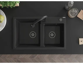 Mexen Tomas, 2-komorový granitový drez 800x500x190 mm a drezová batéria Elia, čierna, 6516-77-670101-70-B
