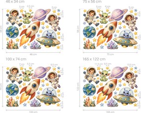 Raketa s kozmonautmi a ufónmi hravé akvarelové nálepky na stenu do vesmírnej detskej izby arch 46 x 34 cm