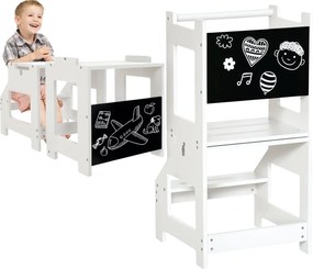 HOMCOM 2-v-1 Learning Tower Detské schodíky pre 3+ rokov s možnosťou premeny na stôl s tabuľou a bezpečnostným zábradlím 42x44x86 cm Biela | Aosom