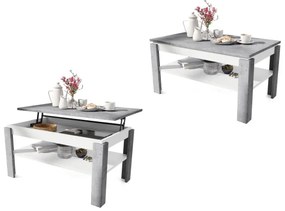 Rozkladací konferenčný stôl so zvíhacou doskou a poličkou ADEN šedá betón/biela