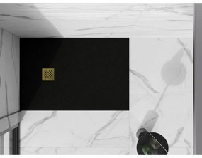 Mexen Stone+, obdĺžniková vanička z minerálneho kompozitu 140 x 70 cm, čierna, zlatá lesklá krytka, 44707014-G