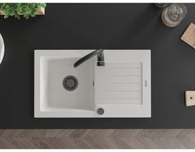 Mexen Pablo, granitový drez 752x436x161 mm, 1-komorový a čierna batéria Telma, biela, 6510-20-670200-70