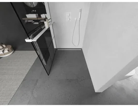 Mexen Kioto+, sprchová zástena Walk-In s poličkou a vešiakom 110 x 200 cm, 8mm číre sklo čierny vzor, biely profil, 800-110-121-20-77
