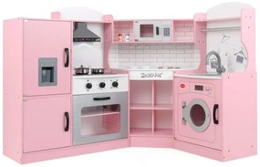 Rohová kuchynka na hranie, kuchynská súprava s digestorom, výrobníkom zmrzliny, mikrovlnnou rúrou, rúrou, práčkou, ružovou