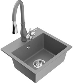 Mexen Milo, 1-komorový granitový drez 435x410x171 mm a drezová batéria Savita, šedá, 6505-71-672601-71