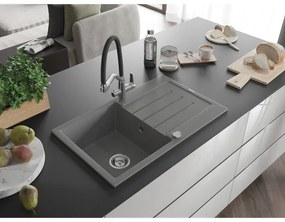 Mexen Bruno, 1-komorový granitový drez 795x495x200 mm a drezová batéria Duo, šedá, 6513-71-671701-07