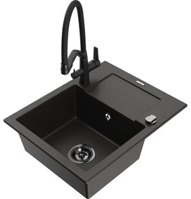 Mexen Enzo, granitový drez 576x465x174 mm, 1-komorový a drezová batéria Duo, čierna-zlatá metalíza, 6506-75-671701-70-B