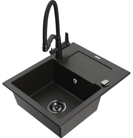 Mexen Enzo, granitový drez 576x465x174 mm, 1-komorový a drezová batéria Duo, čierna-zlatá metalíza, 6506-75-671701-70-B