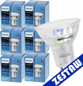SADA 6 LED žiaroviek PHILIPS GU10 4,9W 550lm - studena biela