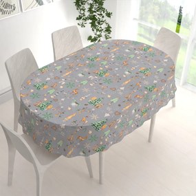 Biante Vianočný bavlnený oválny obrus Sandra SA-509 Vianoční škriatkovia a ozdoby na sivom 50x100 cm