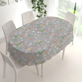 Biante Vianočný bavlnený oválny obrus Sandra SA-509 Vianoční škriatkovia a ozdoby na sivom 140x180 cm