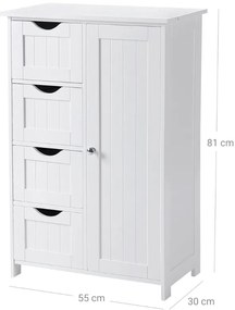 Vasagle Skrinka do kúpeľne so 4 zásuvkami a policou PAULA, 55x30x81cm, biela