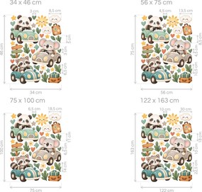 Panda s kamarátmi v autíčkach cestovateľské textilné nálepky na stenu arch 34 x 46 cm