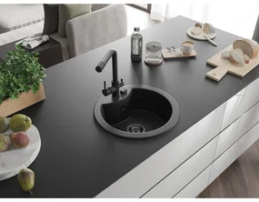 Mexen Diego, 1-komorový granitový drez 488x488x167 mm, čierna batéria Duero, čierna, 6512-77-671600-70-B
