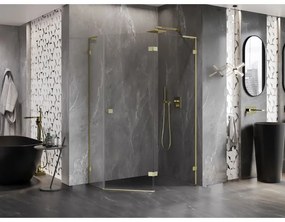 Mexen Lunar, L pravý výklopný päťuholníkový sprchový kút 90 x 80 cm, 8mm číre sklo, zlatý matný profil, 831L-090P-080L-55-00-P