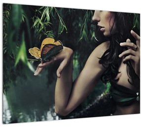 Sklenený obraz pôvabnej ženy s motýľom (70x50 cm)
