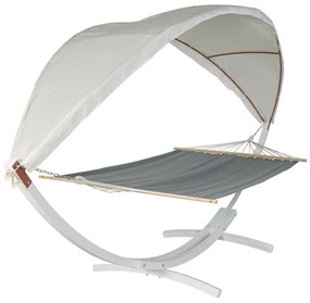 Hojdacia sieť HWC-J47 so strieškou pre 2 osoby, drevo, 420cm - biela, sivá