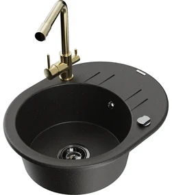 Mexen Kevin, drez granitový 586x458x190 mm, 1-komorový a zlatá Duero batéria, čierna - zlatá metalíza, 6517-75-671600-50-B