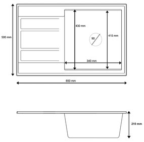 Gamma Modern 6550, 1-komorový granitový drez 650x500x210 mm s krátkym odkvapkávačom, čierna škvrnitá, GMA-ZLE000090