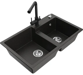Mexen Tomas, granitový drez 800x500x190 mm, 2-komorový a čierna batéria Duero, čierna - zlatá metalíza, 6516-75-671600-70