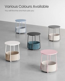 Okrúhly príručný stolík s látkovým košom, sivá a biela farba