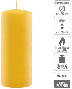 Sada stĺpových sviečok, 20 cm, Ø 7,5 cm, žltá, 4 ks