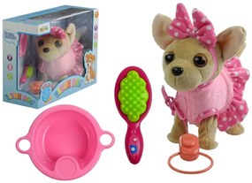 LEAN TOYS : INTERAKTÍVNY PES CHIHUAHUA NA VODÍTKU + PRÍSLUŠENSTVO - RUŽOVÉ OBLEČENIE