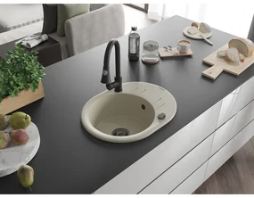 Mexen Kevin, 1-komorový granitový drez 586x458x190 mm a drezová batéria Elia, béžová, 6517-69-670101-70