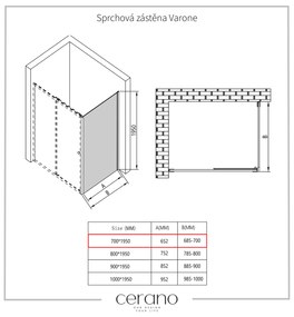 Cerano Varone, sprchovací kút s posuvnými dverami 140(dvere) x 70 (stena) x 195 cm, 6mm číre sklo, čierny profil, CER-CER-DY505B-14070