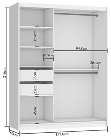 Šatníková skriňa 158 cm Belini čierny mat s posunými dverami zrkadlom a zásuvkami  MBP SZP7/0/B/B/0/KLP