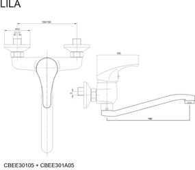 Mereo Mereo, Drezová nástenná baterie, Lila, s ramienkom plochým vyhnutým 180 mm, chróm, MER-CBEE301A05