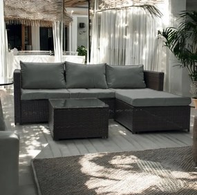 Tmavohnedá ratanová súprava so stolíkom a sivými vankúšmi