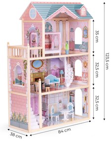 Veľký drevený domček pre bábiky, 3 poschodia, 11 kusov nábytku, ECOTOYS