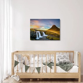 Sklenený obraz hory a vodopádov na Islande (70x50 cm)