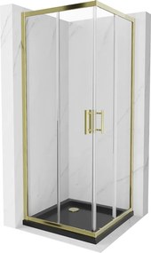Mexen Rio, štvorcový sprchovací kút s posuvnými dverami 80(dvere) x 80(dvere) x 190 cm, 6mm číre sklo, zlatý profil + čierna sprchová vanička SLIM, 860-080-080-50-00-4070G