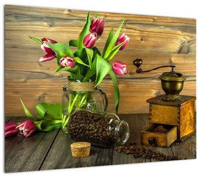 Sklenený obraz - tulipány, mlynček a káva (70x50 cm)