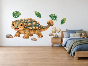 Veselý ankylosaurus s vajíčkami detské akvarelové nálepky pre milovníkov dinosaurov na stenu hárok 46 x 34 cm