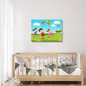 Sklenený obraz - Deti púšťajú draka (70x50 cm)
