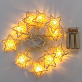 DECOLED LED světelný řetěz na baterie, bílé proutěné hvězdy, teple bílá, 10 diod, 2,8 m