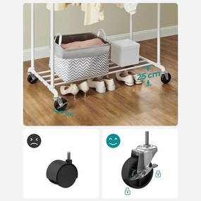 Stojan na šaty s kolieskami, dvojitými tyčami, kovový, biely