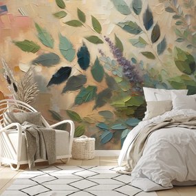 Tapeta maľované zelené listy na béžovom pozadí