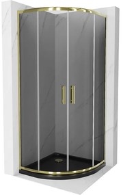 Mexen Rio, štvrťkruhový sprchovací kút s posuvnými dverami 90(dvere) x 90(dvere) x 190 cm, 6mm šedé sklo, zlatý profil + čierna sprchová vanička SLIM, 863-090-090-50-40-4170G