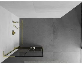 Mexen Kioto+ L, sprchová zástena Walk-In s poličkou a vešiakom 70 x 200 cm, 8mm číre sklo čierny vzor, zlatý lesklý profil,800-070-123-50-77