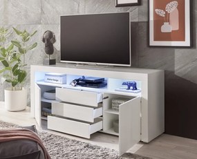 Široká TV skrinka Leeds, biela lesk, s osvetlením