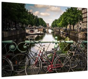 Sklenený obraz bicykla v meste (70x50 cm)