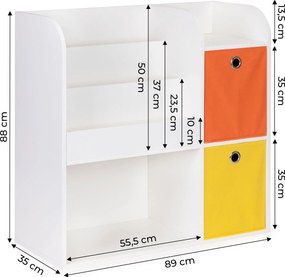 Detský regál ECOTOYS 89×35×88 cm, biely s poličkami a 2 textilnými košmi