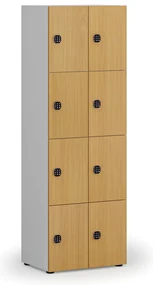 Drevená šatníková skrinka s úložnými boxmi, 8 boxov, kódový zámok, sivá/buk